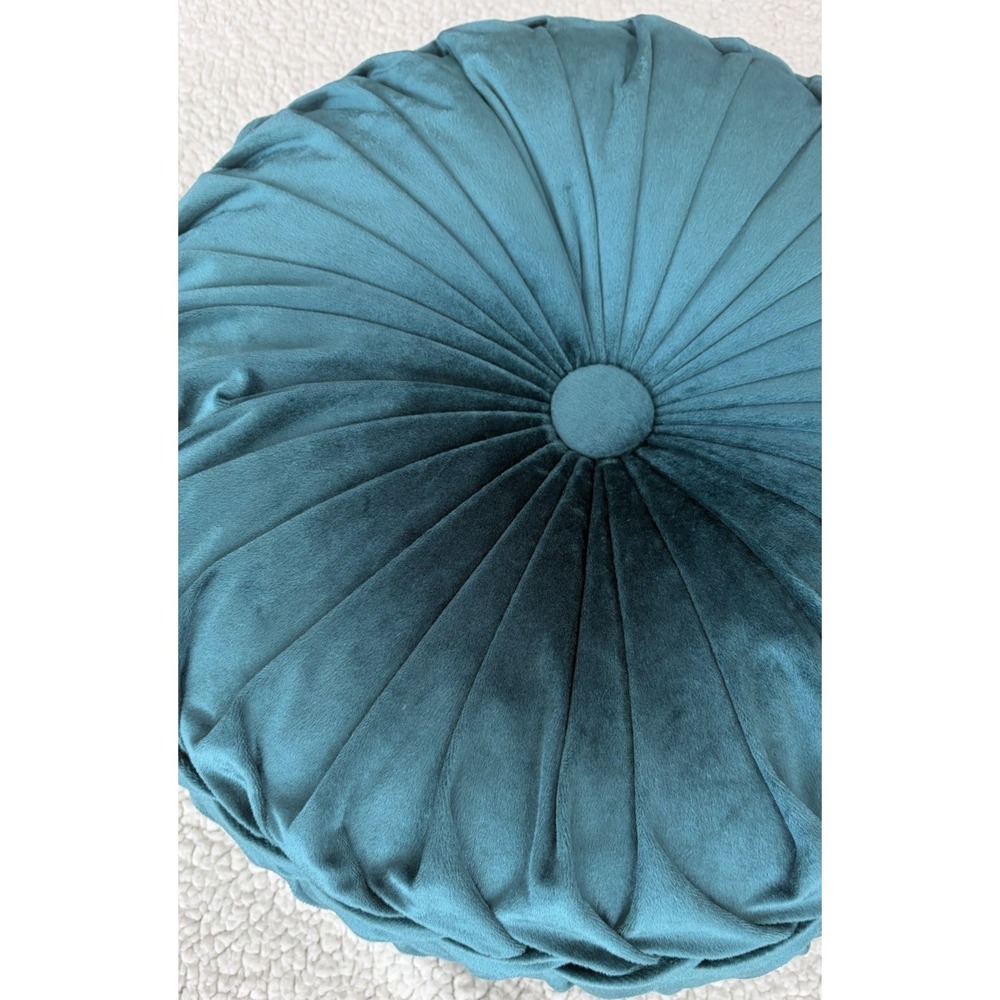 Round Velvet Throw Pillow Pumpkin Teal Blue Green Tufted Pleated Cushion Decor - Picture 2 of 16